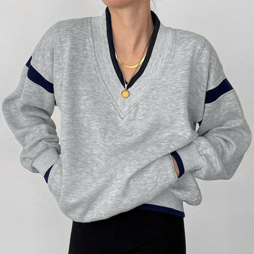 Commense Gray V-Neck Sweatshirt with Navy Trim